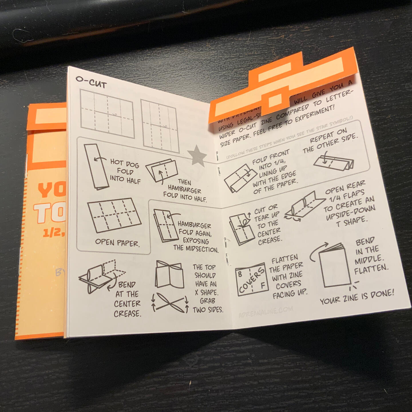 Interior view of Your Zine Toolbox showing instructions on making an O-Cut zine.
